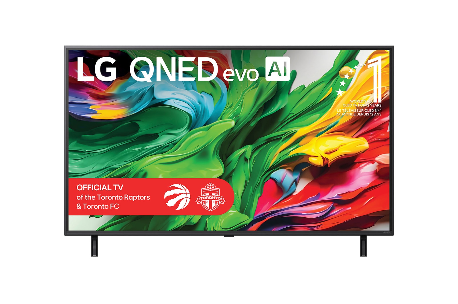 Front view of LG QNED evo QNED85 TV, LG QNED evo Al Logo on the top corner. LG QNED evo QNED85 TV depicts colourful paintike textures coming together.