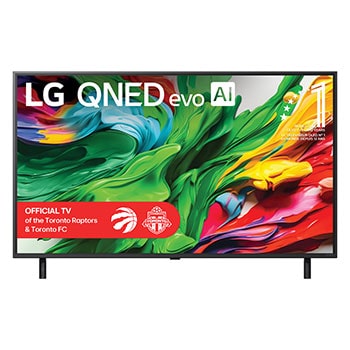 Front view of LG QNED evo QNED85 TV, LG QNED evo Al Logo on the top corner. LG QNED evo QNED85 TV depicts colourful paintike textures coming together.