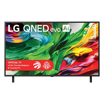 Front view of LG QNED evo QNED85 TV, LG QNED evo Al Logo on the top corner. LG QNED evo QNED85 TV depicts colourful paintike textures coming together.