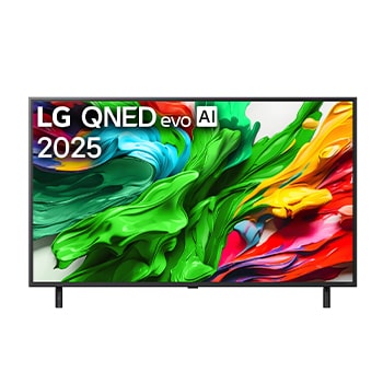 Front view of LG QNED evo QNED85 TV, LG QNED evo Al Logo on the top corner. LG QNED evo QNED85 TV depicts colourful paintike textures coming together.