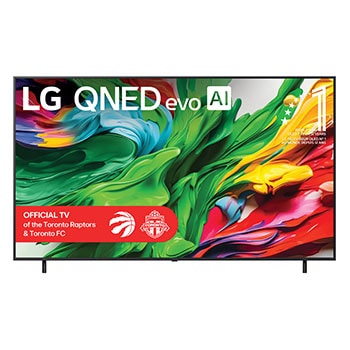 Front view of LG QNED evo QNED85 TV, LG QNED evo Al Logo on the top corner. LG QNED evo QNED85 TV depicts colourful paintike textures coming together.