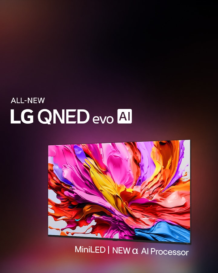 LG QNED TV against a colourful dark background. On the screen is a bright and colourful artwork that showcases QNED's colour technology and ability to display a wide spectrum of hues with great contrast. All new LG QNED evo AI logo present. With subtitles calling out QNED's MiniLED and new alpha AI processor. Title reads, Every Colour Redefined, New Experience Begins.