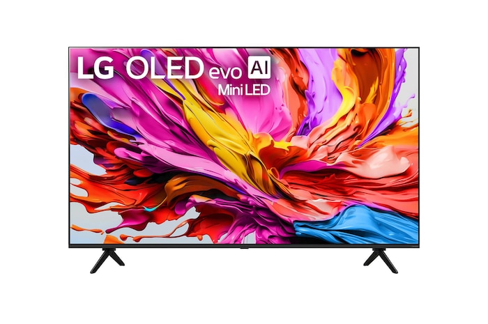 Front view of LG QNED evo qned91 TV, LG QNED evo Al Logo on the top corner. LG QNED evo TV depicts colourful paintike textures coming together.