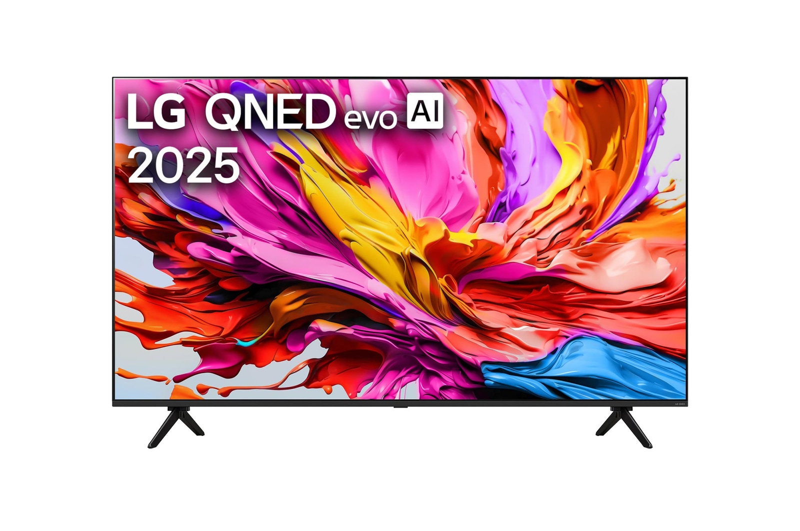 Front view of LG QNED evo qned91 TV, LG QNED evo Al Logo on the top corner. LG QNED evo TV depicts colourful paintike textures coming together.