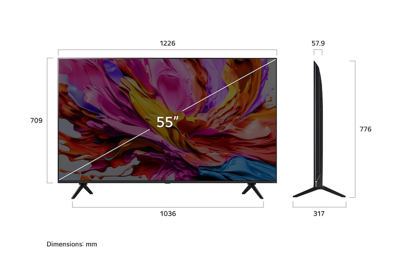 Front view and side view of LG QNED evo AI qned91 4K Smart TV showing its length, width, height, and depth dimensions.