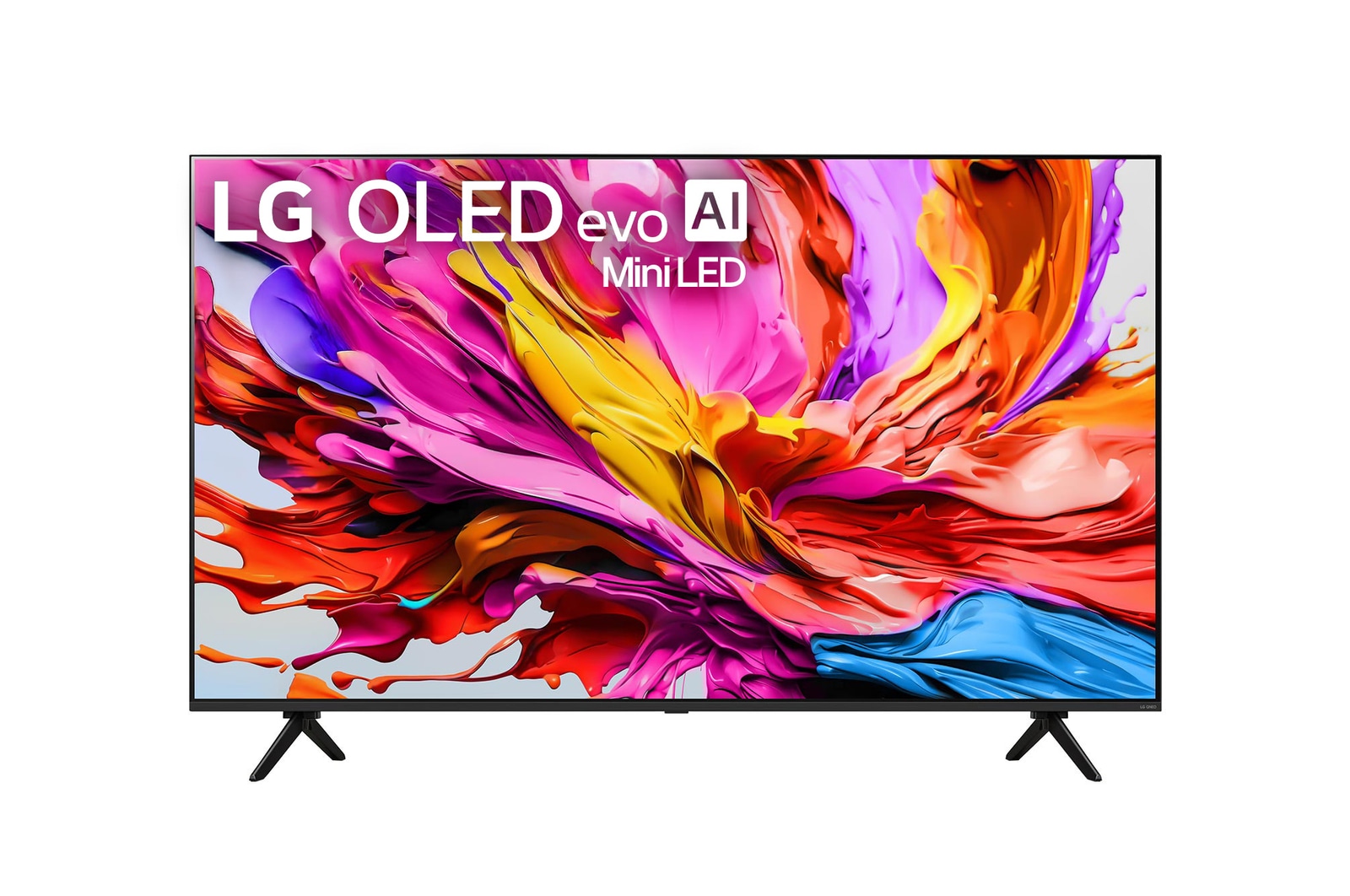 Front view of LG QNED evo qned91 TV, LG QNED evo Al Logo on the top corner. LG QNED evo TV depicts colourful paintike textures coming together.