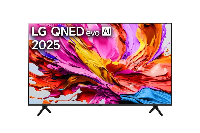 Front view of LG QNED evo qned91 TV, LG QNED evo Al Logo on the top corner. LG QNED evo TV depicts colourful paintike textures coming together.