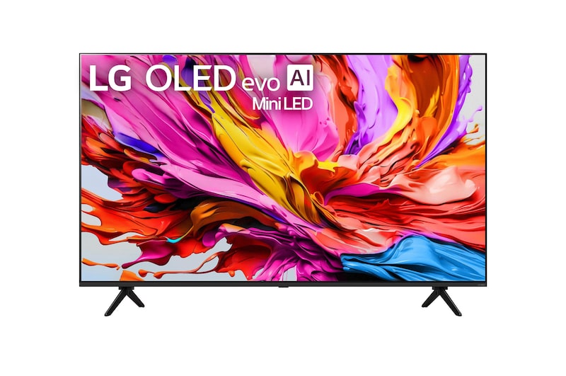 Front view of LG QNED evo qned91 TV, LG QNED evo Al Logo on the top corner. LG QNED evo TV depicts colourful paintike textures coming together.