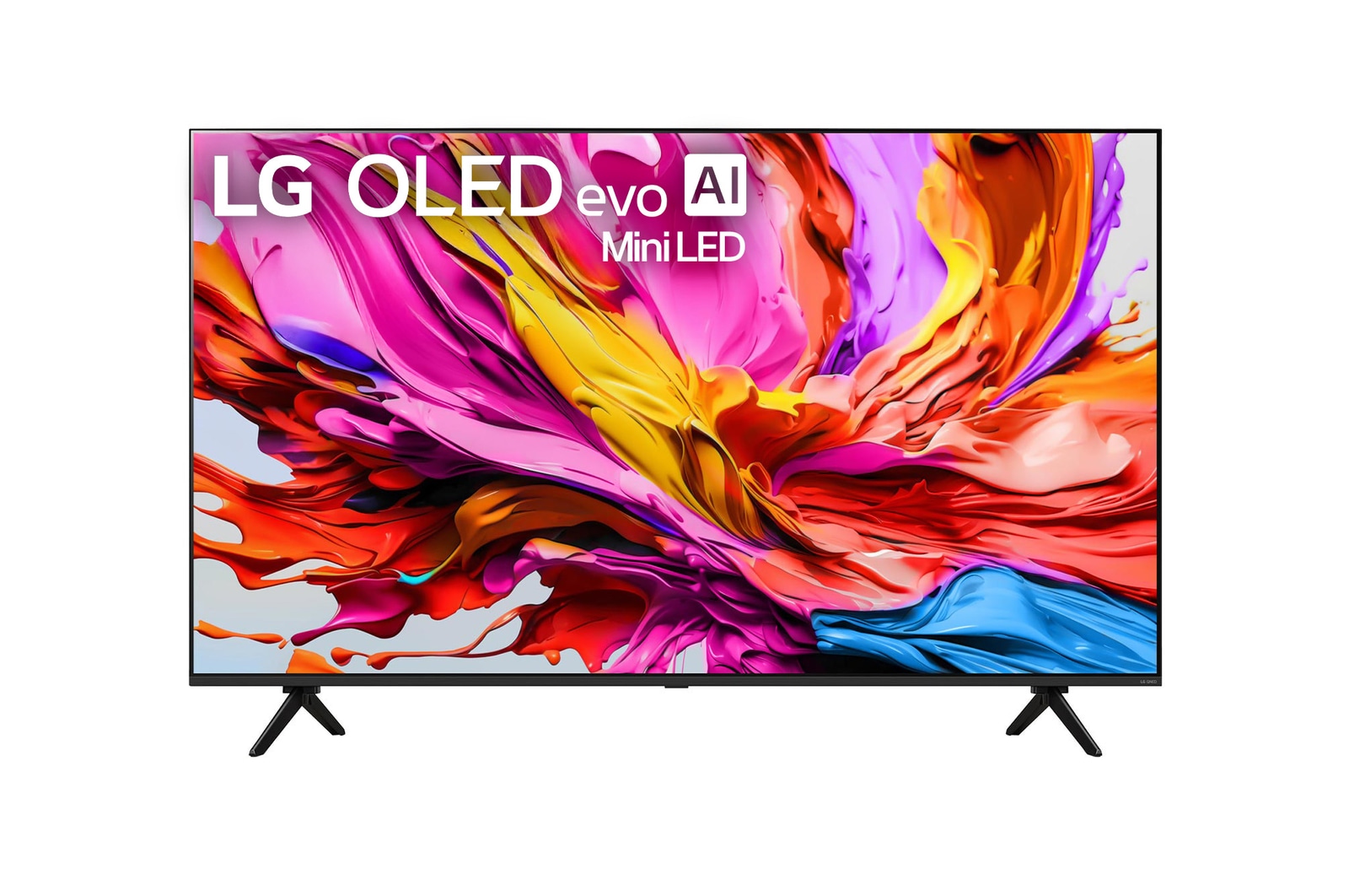 Front view of LG QNED evo qned91 TV, LG QNED evo Al Logo on the top corner. LG QNED evo TV depicts colourful paintike textures coming together.