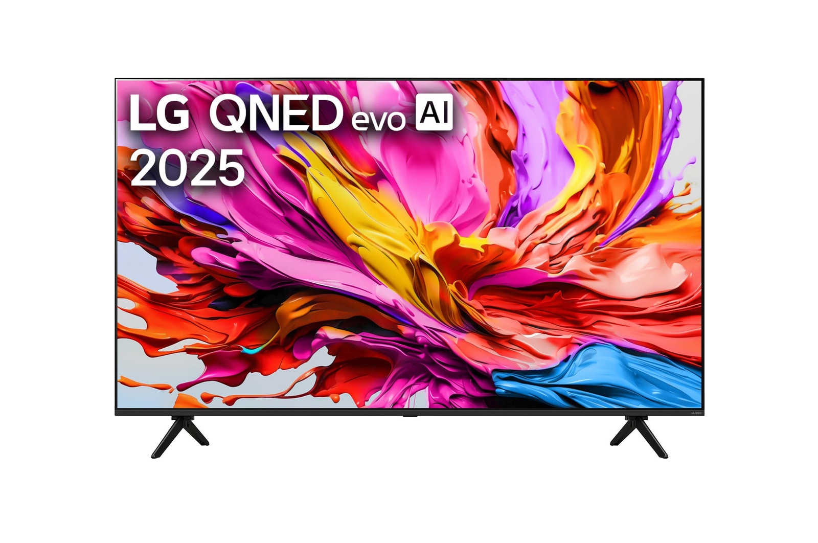 Front view of LG QNED evo qned91 TV, LG QNED evo Al Logo on the top corner. LG QNED evo TV depicts colourful paintike textures coming together.