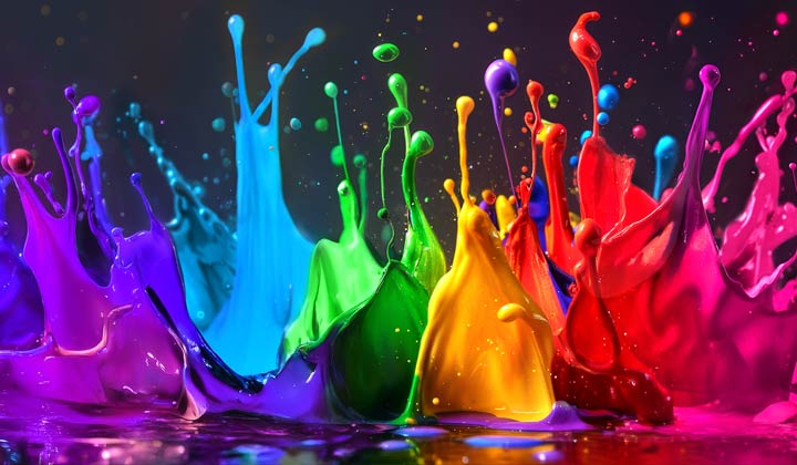Splashes of paint burst from the floor up in diverse colours.