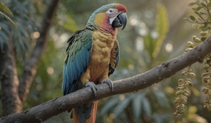 Lines animate across a very dull and almost gray image of a parrot in a forest as if a supercomputer is analyzing the elements in the frame. A laser traces the parrot's silhouette and then it is enhanced to be brighter, sharper, and more colourful. The background also transforms from left to right, now with improved contrast, depth, and colours.