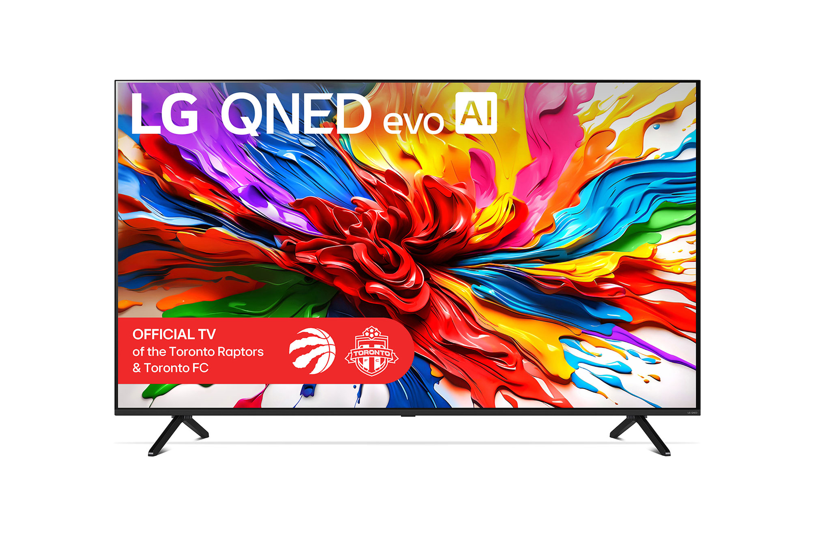 Front view of LG QNED evo QNED92 TV, LG QNED evo Al Logo on the top corner. LG QNED evo TV depicts colorful paintike textures coming together.