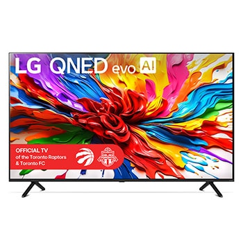 Front view of LG QNED evo QNED92 TV, LG QNED evo Al Logo on the top corner. LG QNED evo TV depicts colorful paintike textures coming together.