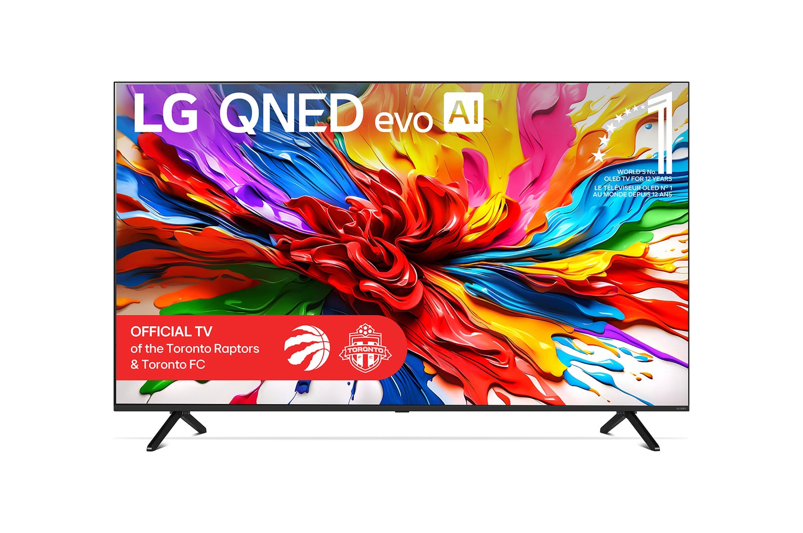 Front view of LG QNED evo QNED92 TV, LG QNED evo Al Logo on the top corner. LG QNED evo TV depicts colorful paintike textures coming together.