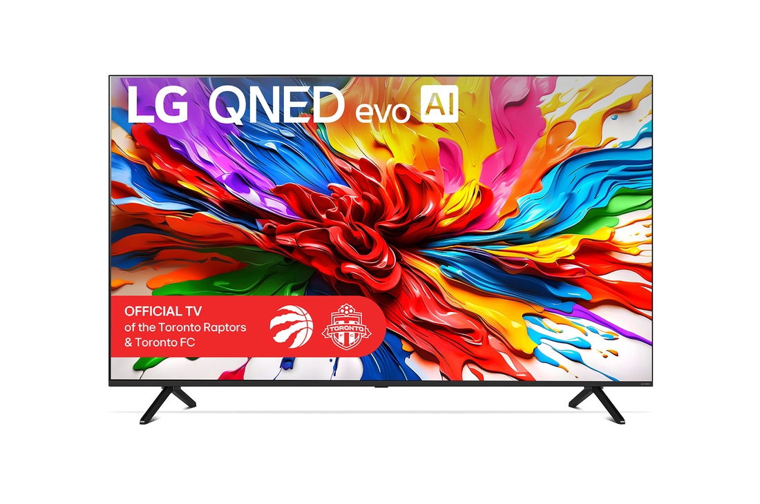 Front view of LG QNED evo QNED92 TV, LG QNED evo Al Logo on the top corner. LG QNED evo TV depicts colorful paintike textures coming together.