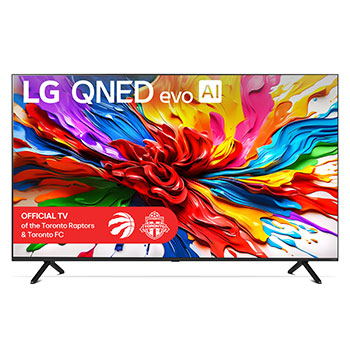 Front view of LG QNED evo QNED92 TV, LG QNED evo Al Logo on the top corner. LG QNED evo TV depicts colorful paintike textures coming together.