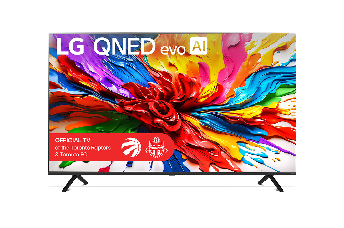 Front view of LG QNED evo QNED92 TV, LG QNED evo Al Logo on the top corner. LG QNED evo TV depicts colorful paintike textures coming together.