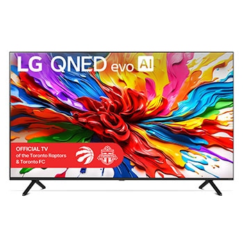 Front view of LG QNED evo QNED92 TV, LG QNED evo Al Logo on the top corner. LG QNED evo TV depicts colorful paintike textures coming together.