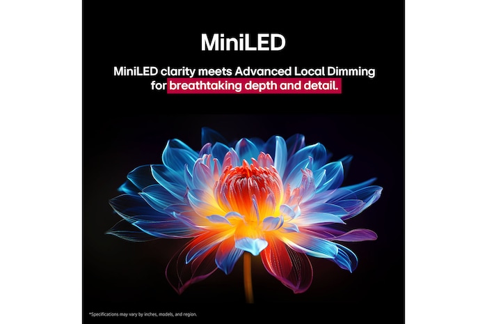3D holographic flower in many different shades and hues against a black background. The definition and detail of the flower shows off QNED MiniLED's capability to produce visuals with exceptional colour, brightness, and contrast. The title talks about how MiniLED enhances clarity and provides exceptional contrast.