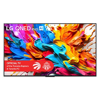 Front view of LG QNED evo AI QNED9M TV. LG QNED evo AI Logo on the. op corner. LG QNED evo TV depicts colourful paintike textures coming together. Zero Connect Box in the corner with the title, Zero Connect Box with 4K 144Hz wireless video & audio transfer.