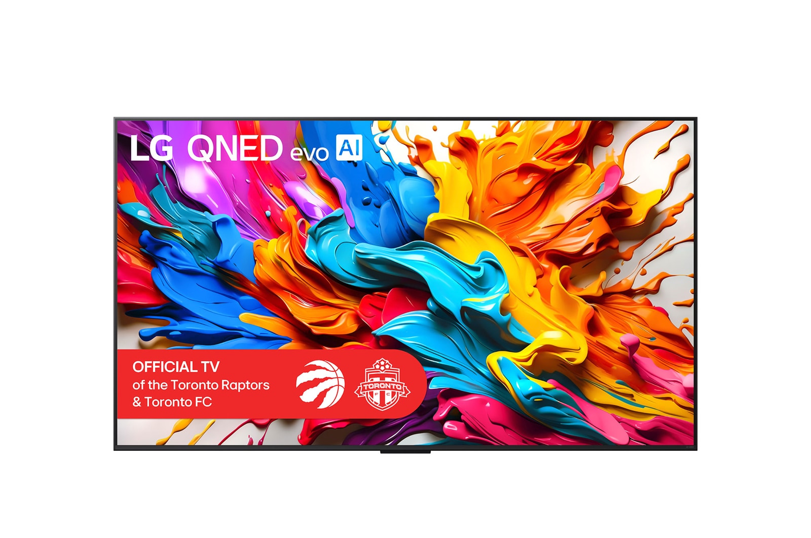 Front view of LG QNED evo AI QNED9M TV. LG QNED evo AI Logo on the. op corner. LG QNED evo TV depicts colourful paintike textures coming together. Zero Connect Box in the corner with the title, Zero Connect Box with 4K 144Hz wireless video & audio transfer.