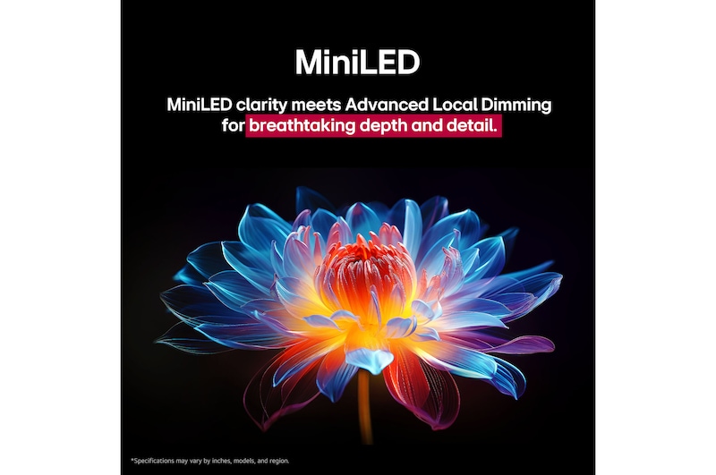 3D holographic flower in many different shades and hues against a black background. The definition and detail of the flower shows off QNED MiniLED's capability to produce visuals with exceptional colour, brightness, and contrast. The title talks about how MiniLED enhances clarity and provides exceptional contrast.