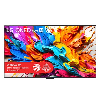 Front view of LG QNED evo AI QNED9M TV. LG QNED evo AI Logo on the. op corner. LG QNED evo TV depicts colourful paintike textures coming together. Zero Connect Box in the corner with the title, Zero Connect Box with 4K 144Hz wireless video & audio transfer.