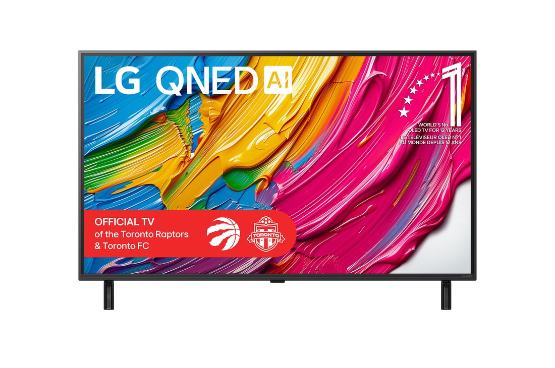 Front view of LG QNED80 TV, LG QNED Al Logo on the top corner. LG QNED TV depicts colourful paintike textures coming together.