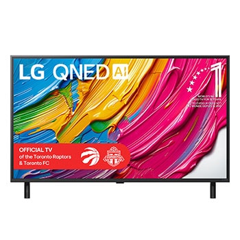 Front view of LG QNED80 TV, LG QNED Al Logo on the top corner. LG QNED TV depicts colourful paintike textures coming together.