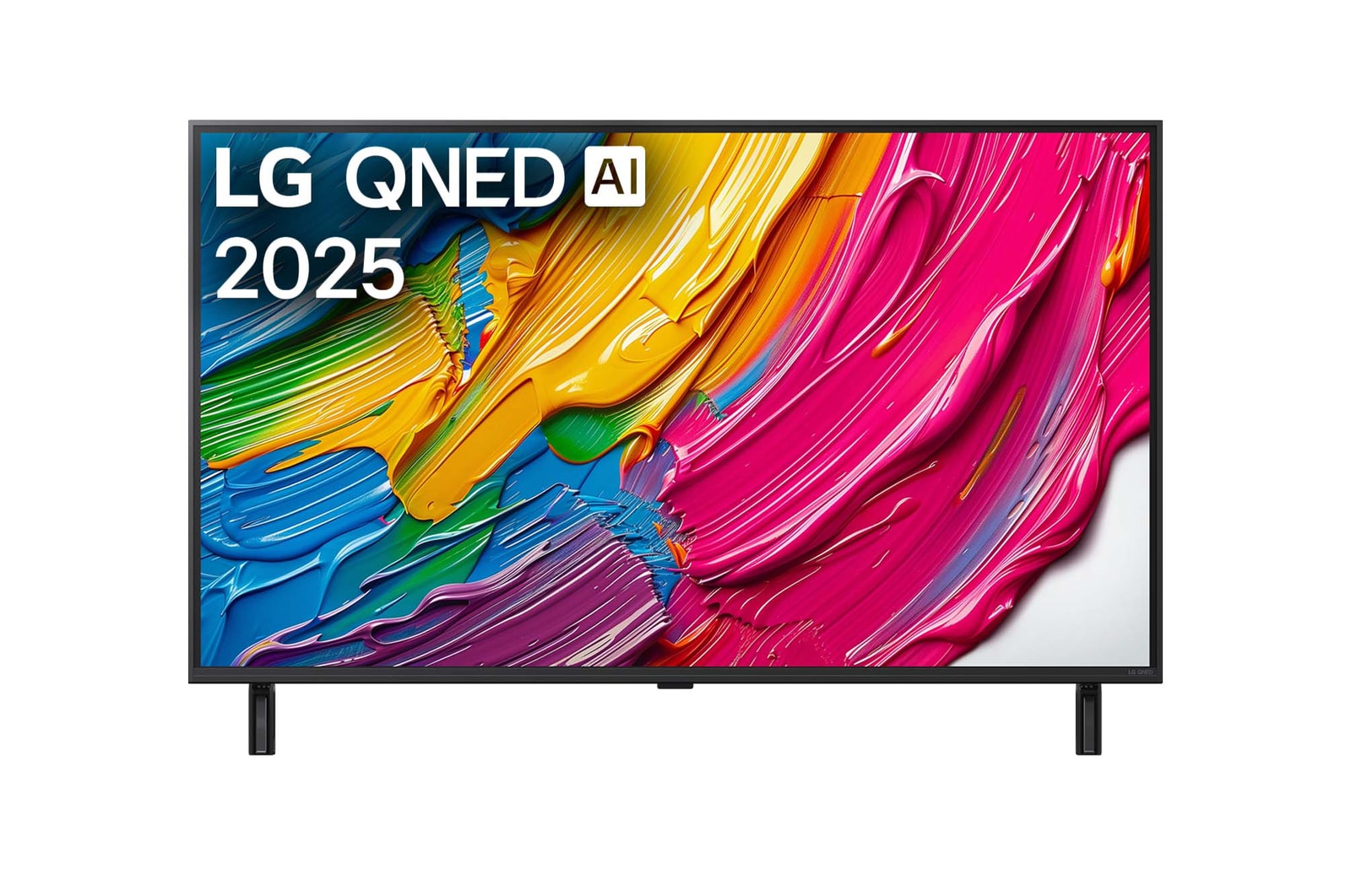 Front view of LG QNED80 TV, LG QNED Al Logo on the top corner. LG QNED TV depicts colourful paintike textures coming together.