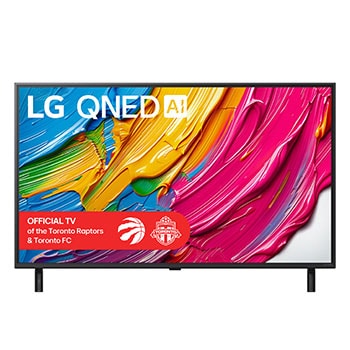 Front view of LG QNED80 TV, LG QNED Al Logo on the top corner. LG QNED TV depicts colourful paintike textures coming together.