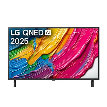 Front view of LG QNED80 TV, LG QNED Al Logo on the top corner. LG QNED TV depicts colourful paintike textures coming together.