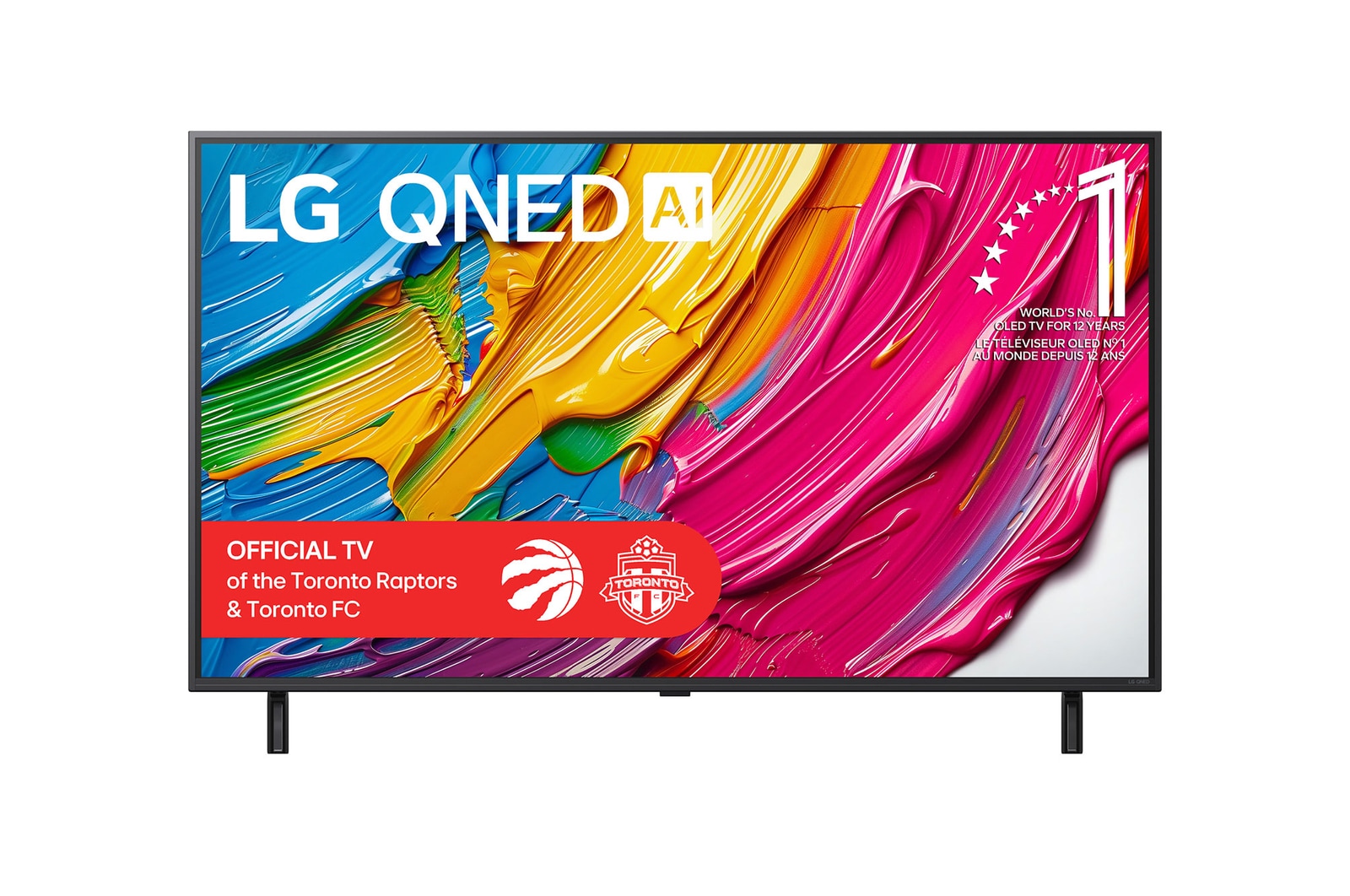Front view of LG QNED80 TV, LG QNED Al Logo on the top corner. LG QNED TV depicts colourful paintike textures coming together.
