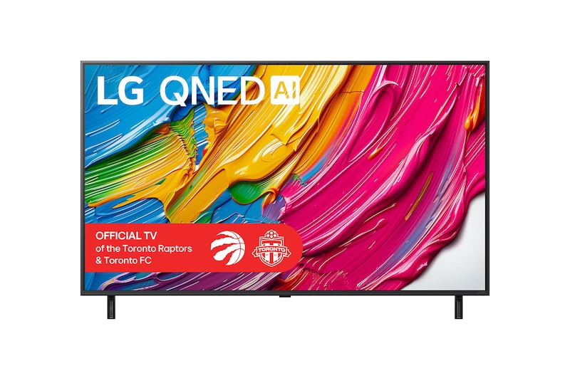 Front view of LG QNED80 TV, LG QNED Al Logo on the top corner. LG QNED TV depicts colourful paintike textures coming together.