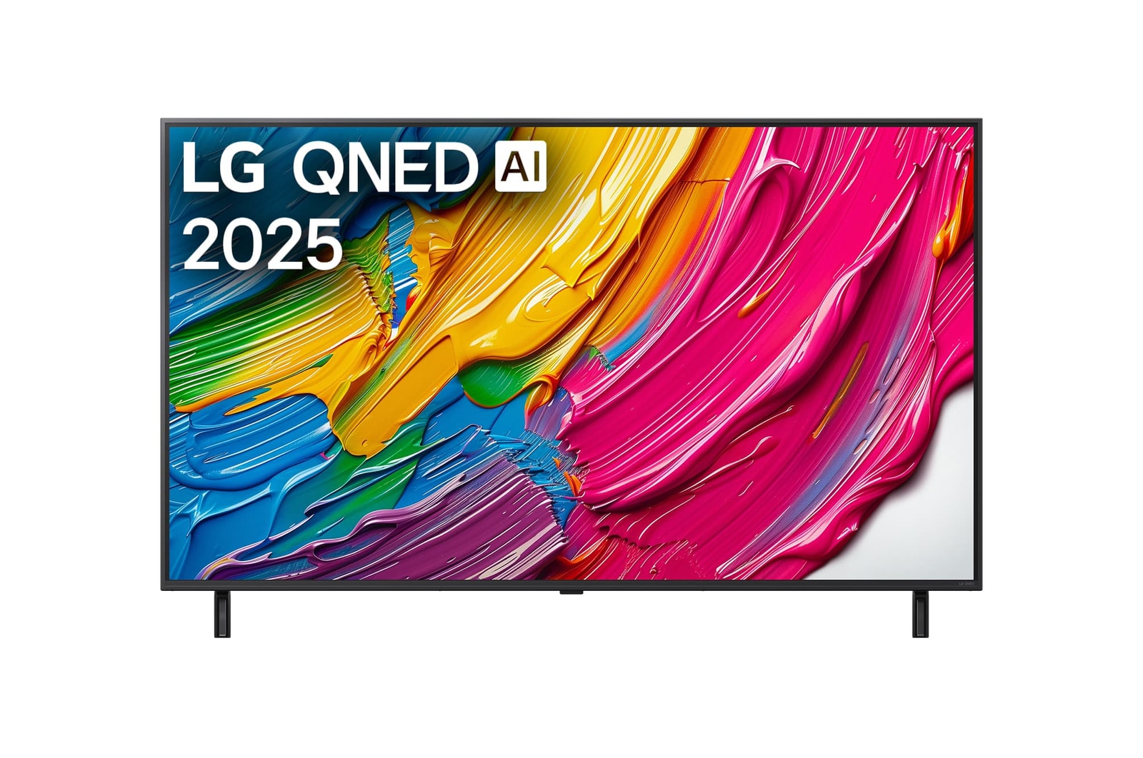 Front view of LG QNED80 TV, LG QNED Al Logo on the top corner. LG QNED TV depicts colourful paintike textures coming together.