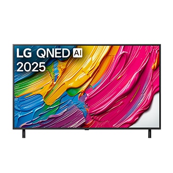 Front view of LG QNED80 TV, LG QNED Al Logo on the top corner. LG QNED TV depicts colourful paintike textures coming together.