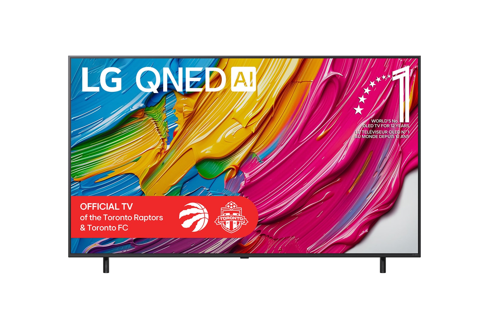 Front view of LG QNED80 TV, LG QNED Al Logo on the top corner. LG QNED TV depicts colourful paintike textures coming together.
