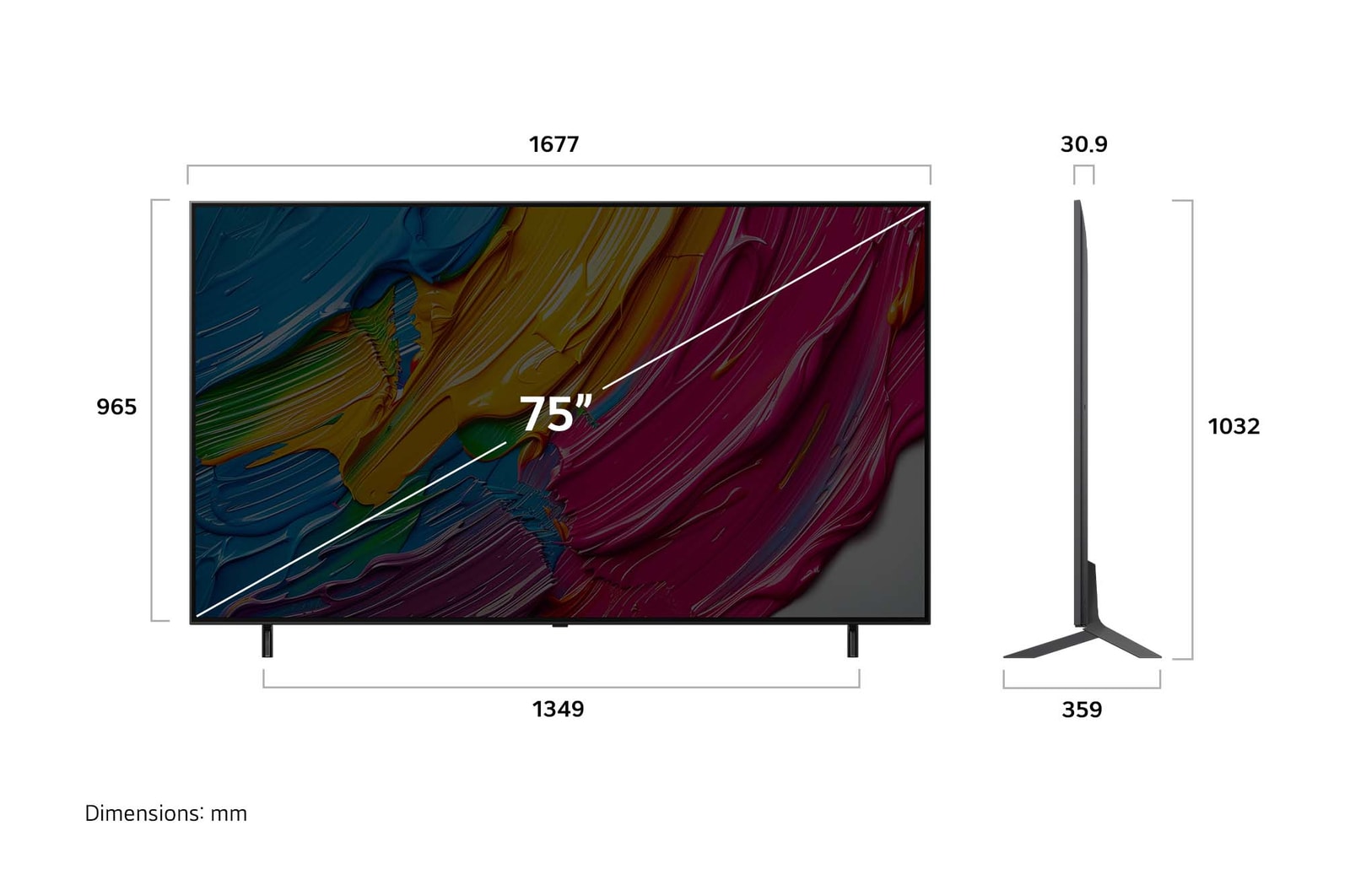 Front view and side view of LG QNED AI QNED80 4K Smart TV showing its length, width, height, and depth dimensions.
