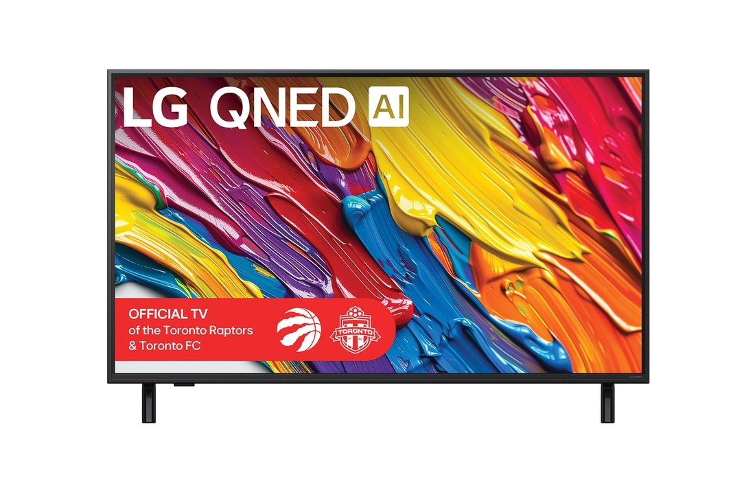 Front view of LG QNED82 TV, LG QNED Al Logo on the top corner. LG QNED TV depicts colourful paintike textures coming together.