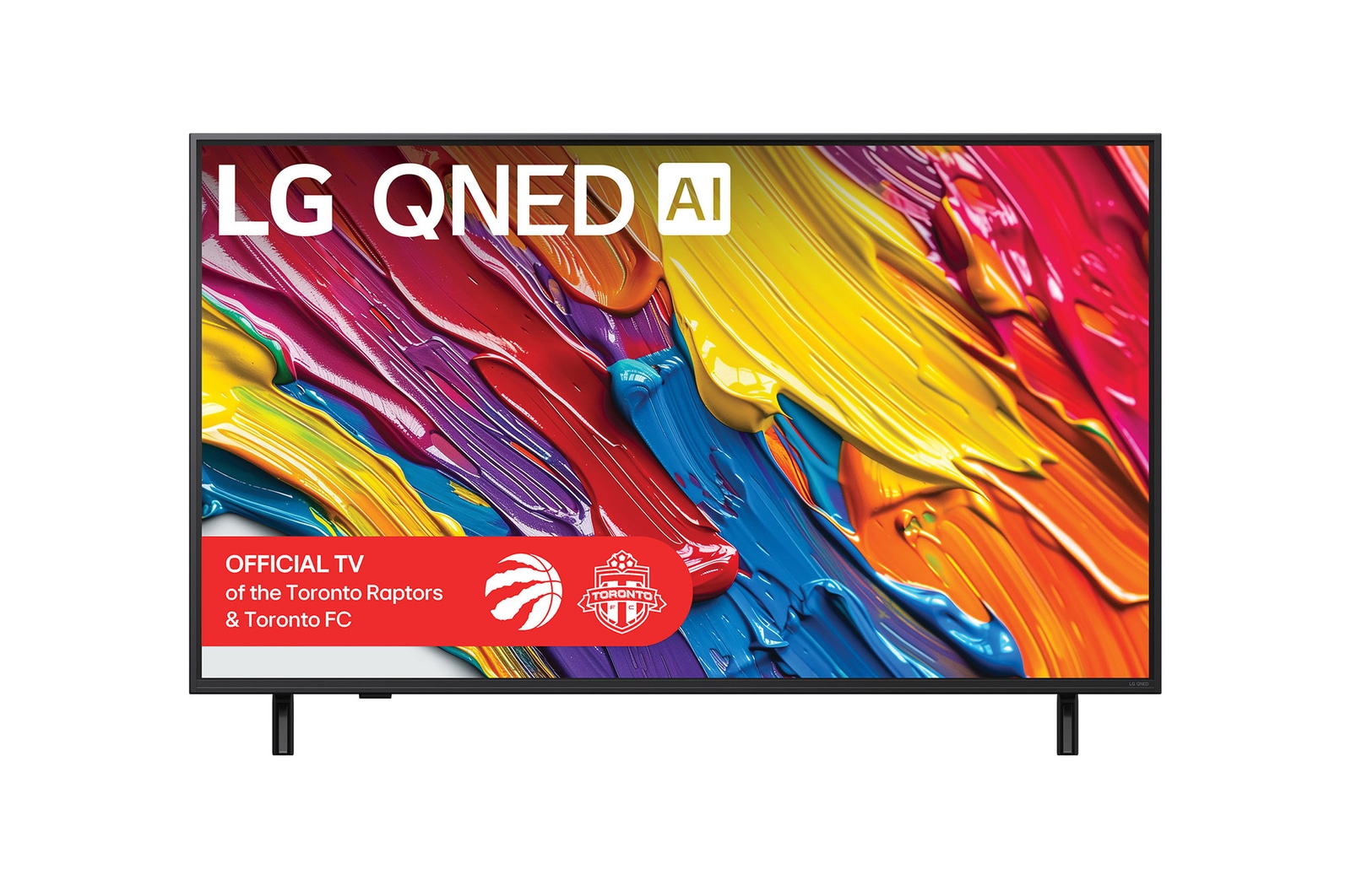 Front view of LG QNED82 TV, LG QNED Al Logo on the top corner. LG QNED TV depicts colourful paintike textures coming together.