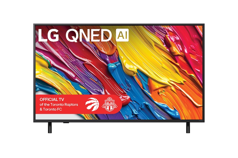 Front view of LG QNED82 TV, LG QNED Al Logo on the top corner. LG QNED TV depicts colourful paintike textures coming together.