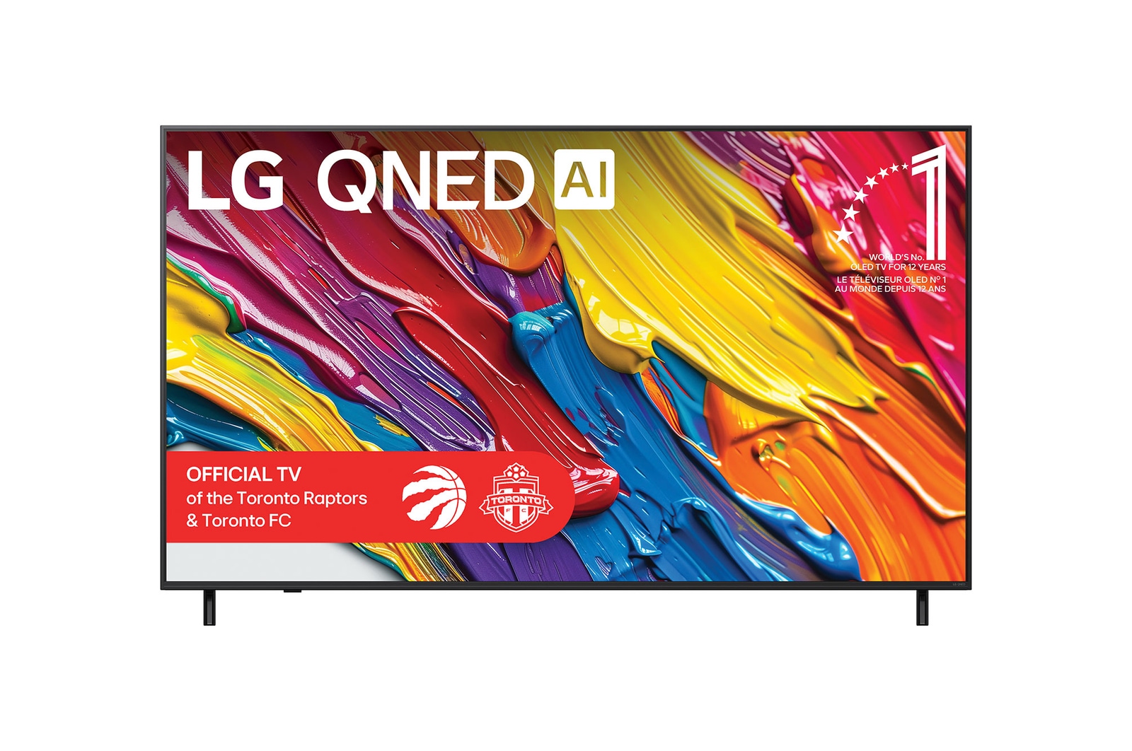 Front view of LG QNED82 TV, LG QNED Al Logo on the top corner. LG QNED TV depicts colourful paintike textures coming together.