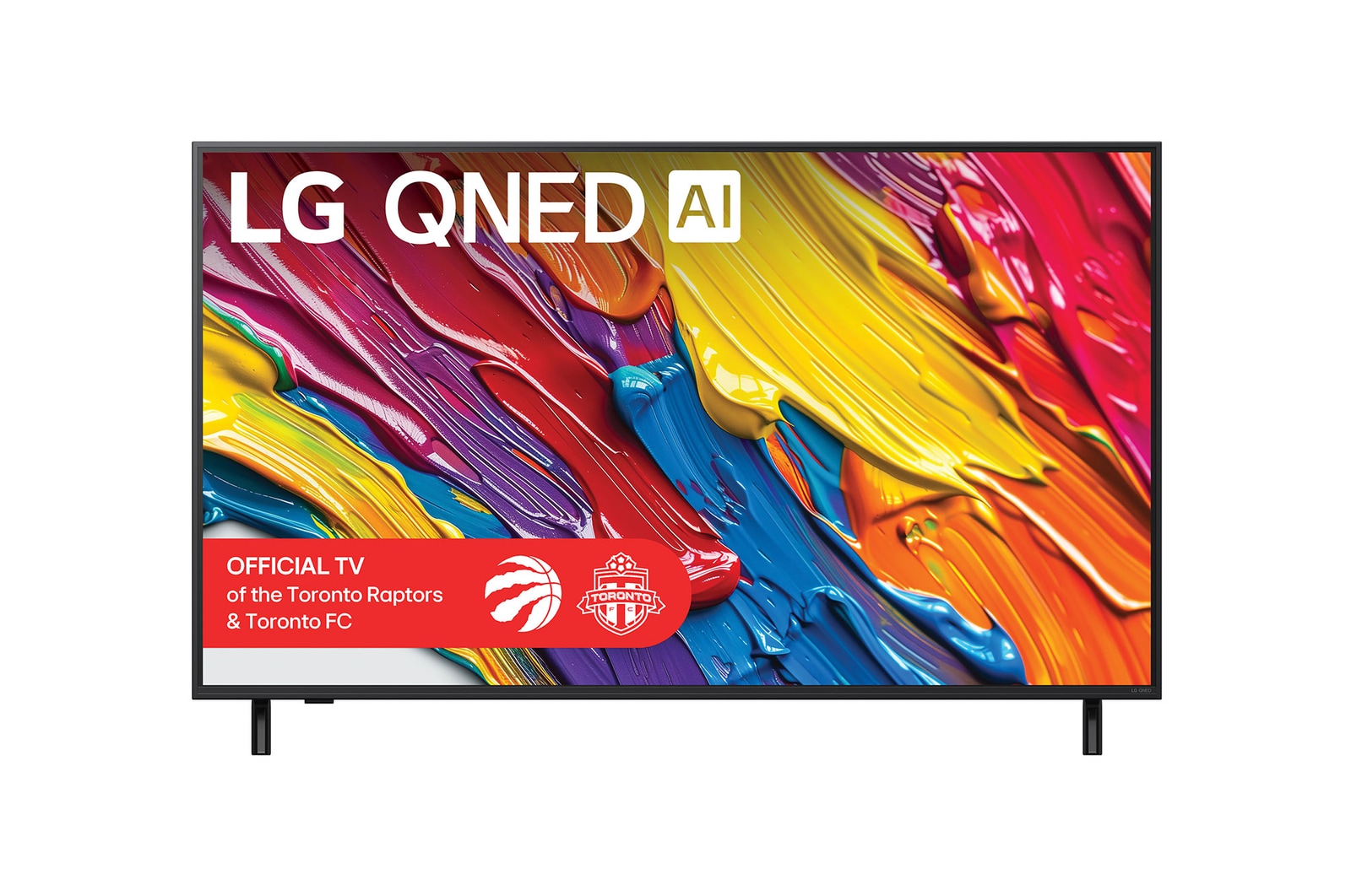 Front view of LG QNED82 TV, LG QNED Al Logo on the top corner. LG QNED TV depicts colourful paintike textures coming together.