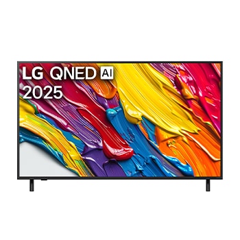 Front view of LG QNED82 TV, LG QNED Al Logo on the top corner. LG QNED TV depicts colourful paintike textures coming together.