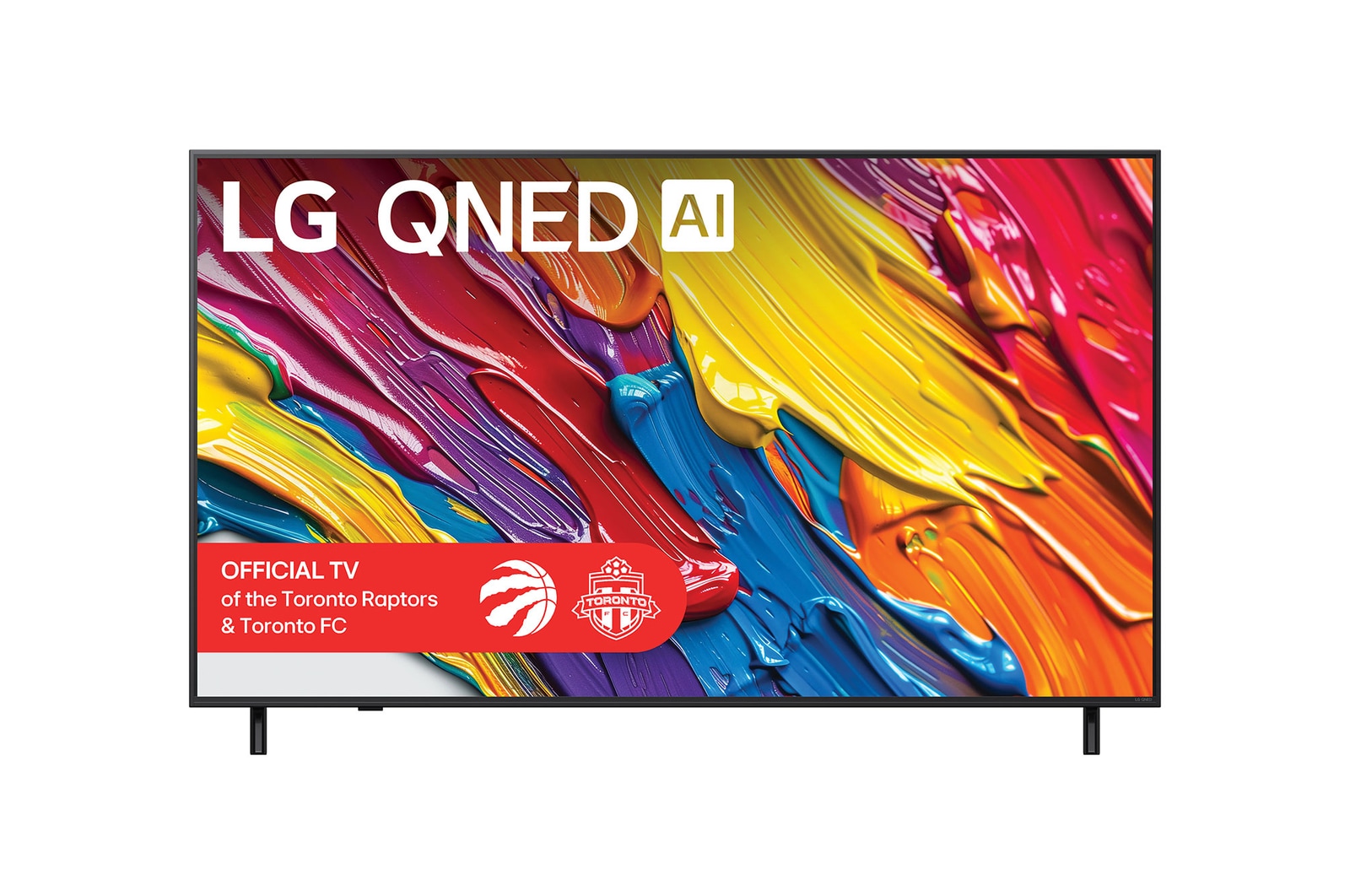 Front view of LG QNED82 TV, LG QNED Al Logo on the top corner. LG QNED TV depicts colourful paintike textures coming together.