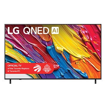Front view of LG QNED82 TV, LG QNED Al Logo on the top corner. LG QNED TV depicts colourful paintike textures coming together.