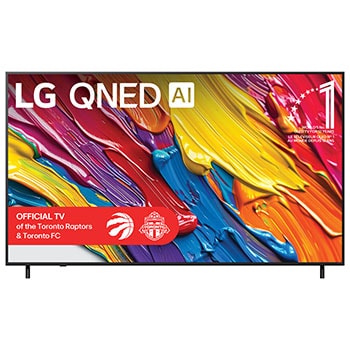 Front view of LG QNED82 TV, LG QNED Al Logo on the top corner. LG QNED TV depicts colourful paintike textures coming together.