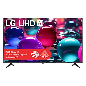 Front view of UHD UA70 TV, LG UHD Al Logo on the top corner. LG UHD TV depicts colorful paintike textures coming together.