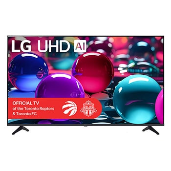 Front view of UHD UA70 TV, LG UHD Al Logo on the top corner. LG UHD TV depicts colorful paintike textures coming together.